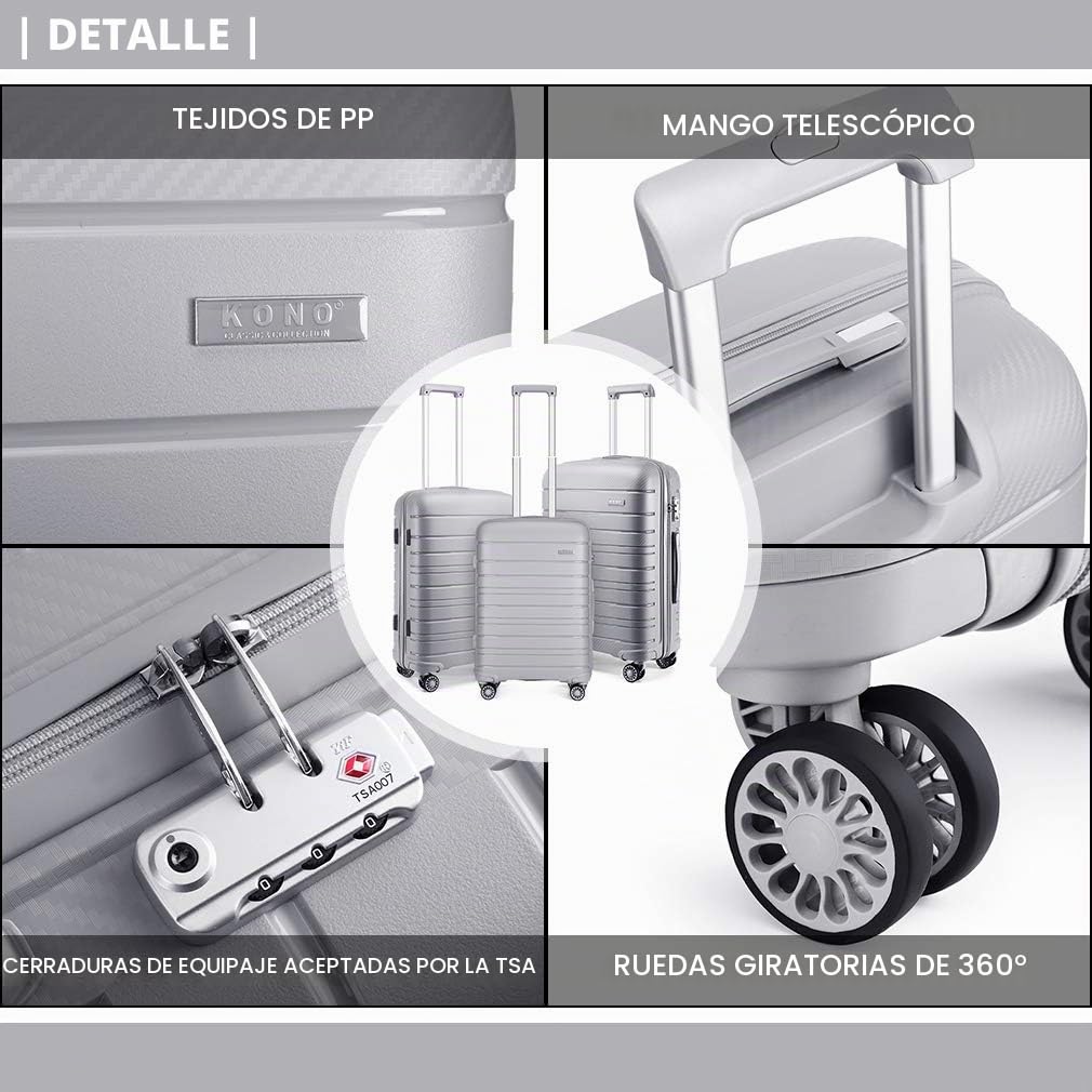 Kono Maletas de Viaje Cabina 4 Ruedas Equipaje de Mano Ligero de Polipropileno Maleta Mediana TSA y YKK con Cremallera Maletas Cabina Rígida 65C M66L (Gris)