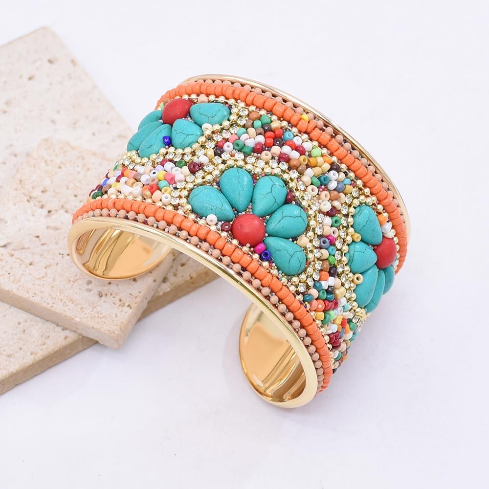 Bohemian Turquoise Stone Bracelets for Women Stackable Multilayer Beaded Bracelet Handmade Wide Cuff Bangle Trendy Boho Jewelry for Best Friends Dainty Hippie Charm Bracelet - Image 3