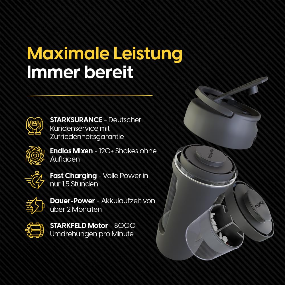 STARKSHAKE V4 – Excelente coctelera eléctrica de la editorial F.A.Z (2025) | Coctelera eléctrica de proteínas para batidos cremosos de proteínas | 8000 UPM | USB-C | 120+ batidos | Incluye Starkpod |