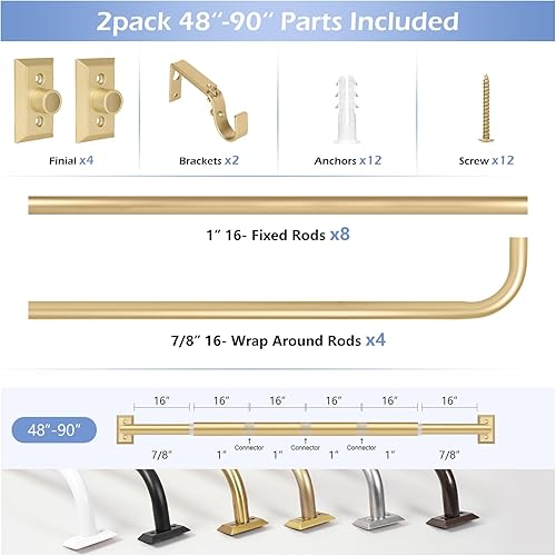 Miniatura 8 de Barras de cortina envolventes doradas, paquete de 2 barras de cortina doradas para ventanas de 48 a 84 pulgadas (4-7 pies), barra de cortina opaca