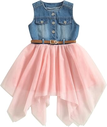 Toddler Girls Summer Demin Dress Sleeveless O Neck Button Patchwork Mesh Denim Dress with Belt