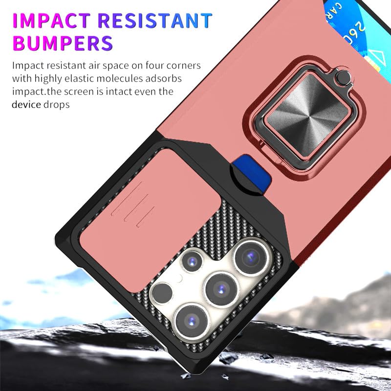 Image of LuxuryKase Shockproof Armor Case for Samsung Galaxy S25 Ultra | Slide Camera Cover | Hidden Card Slot | Rotating Ring Kickstand | Magnetic Car Mount Support | Military Grade Protection - Rose Gold