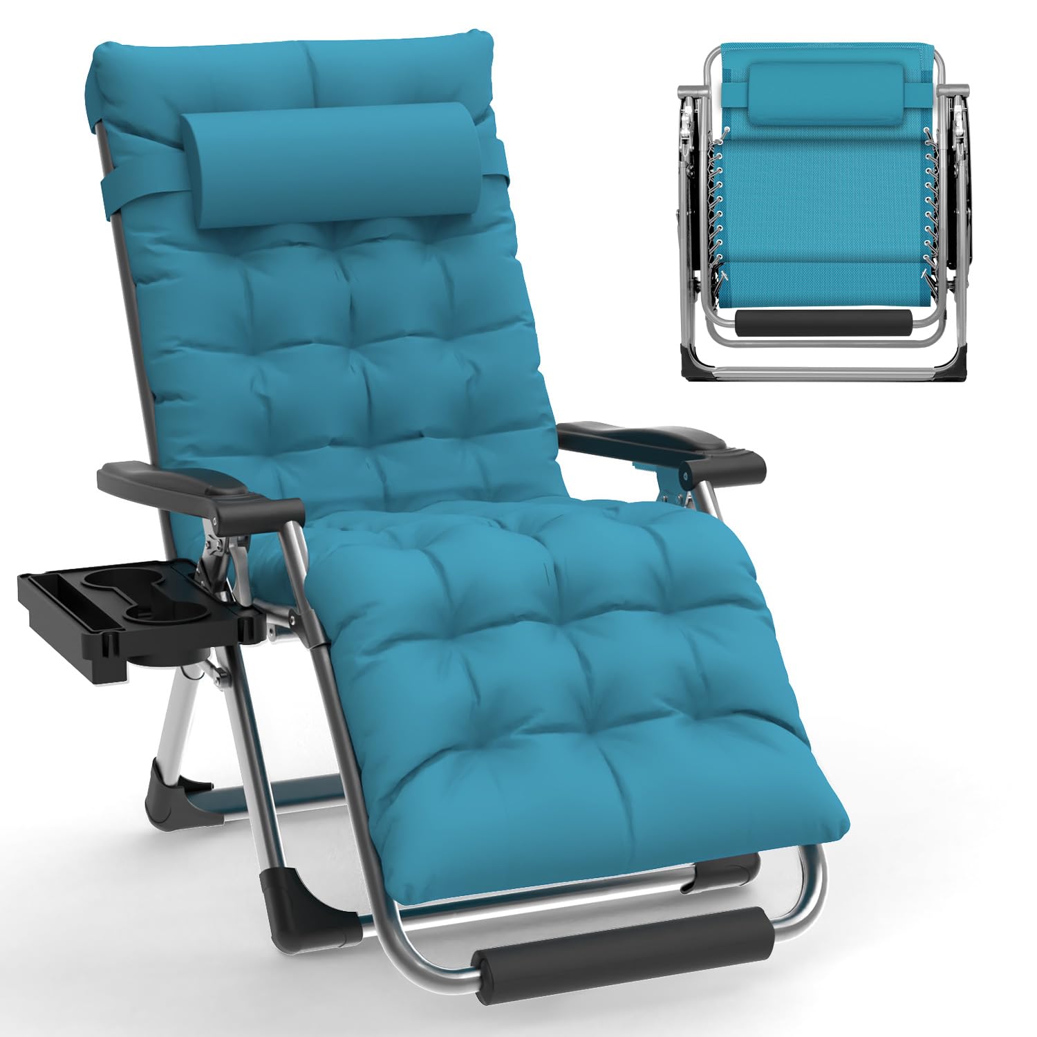 Oversized Zero Gravity Chairs XL, 29IN Padded Anti Gravity Chair, Zero Gravity Lounge Chair, Folding Reclining Patio Chair w/Aluminum Alloy Lock, Headrest, Cup Holder, Light Blue