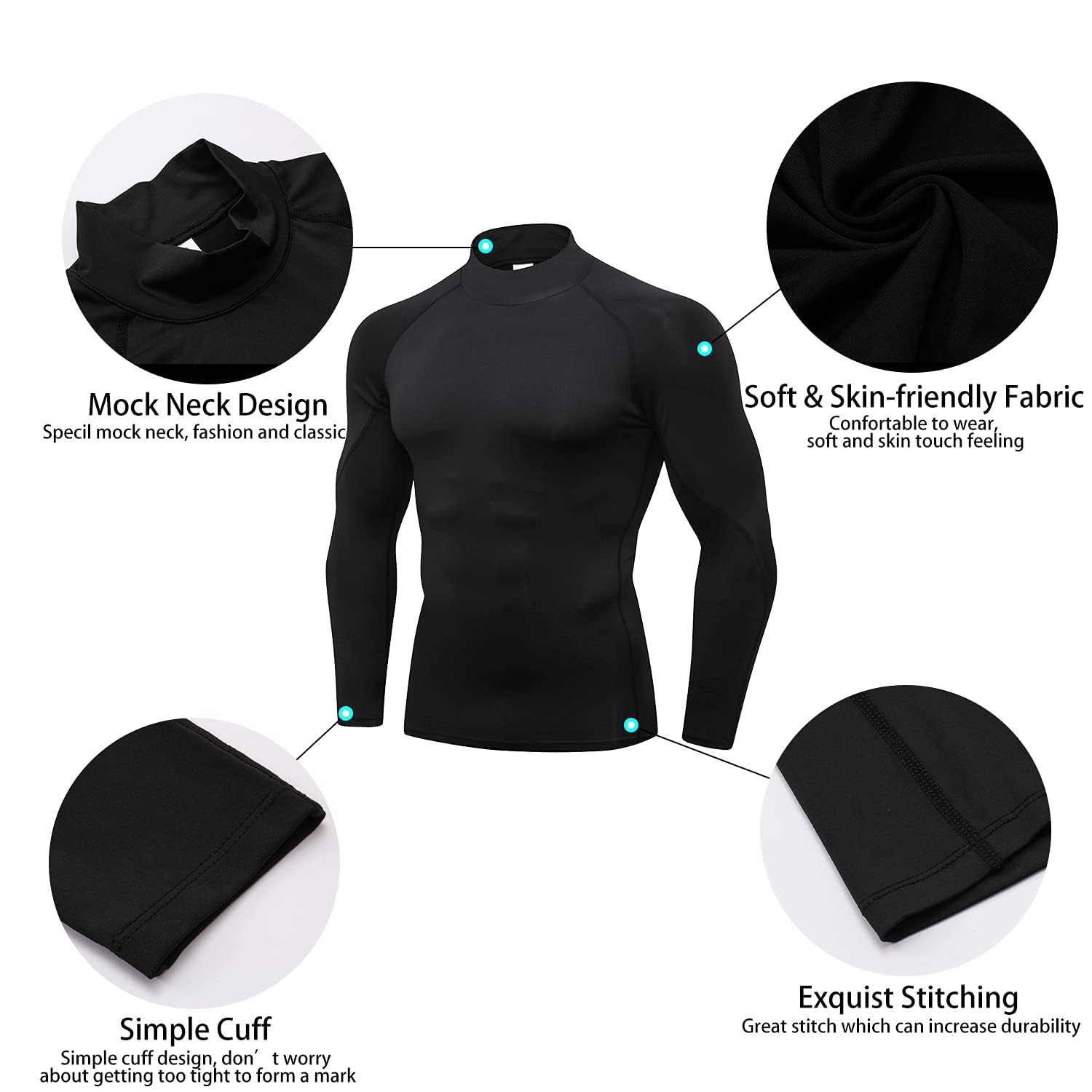 LANBAOSI Lot de 2 Tee Shirt Compression Homme à Col Roulé et Manches Longues Baselayer Hauts Séchage Rapide pour Fitness Course à Pied Gym Entraînement