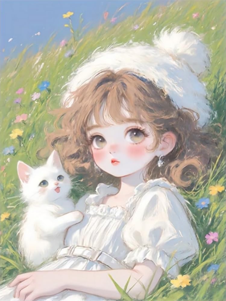 Brennora 5D Diamond Painting Kits Full Drill Round Gem Girl and Cat DIY Arts and Crafts Home Wall Decor Gift 40x50cm