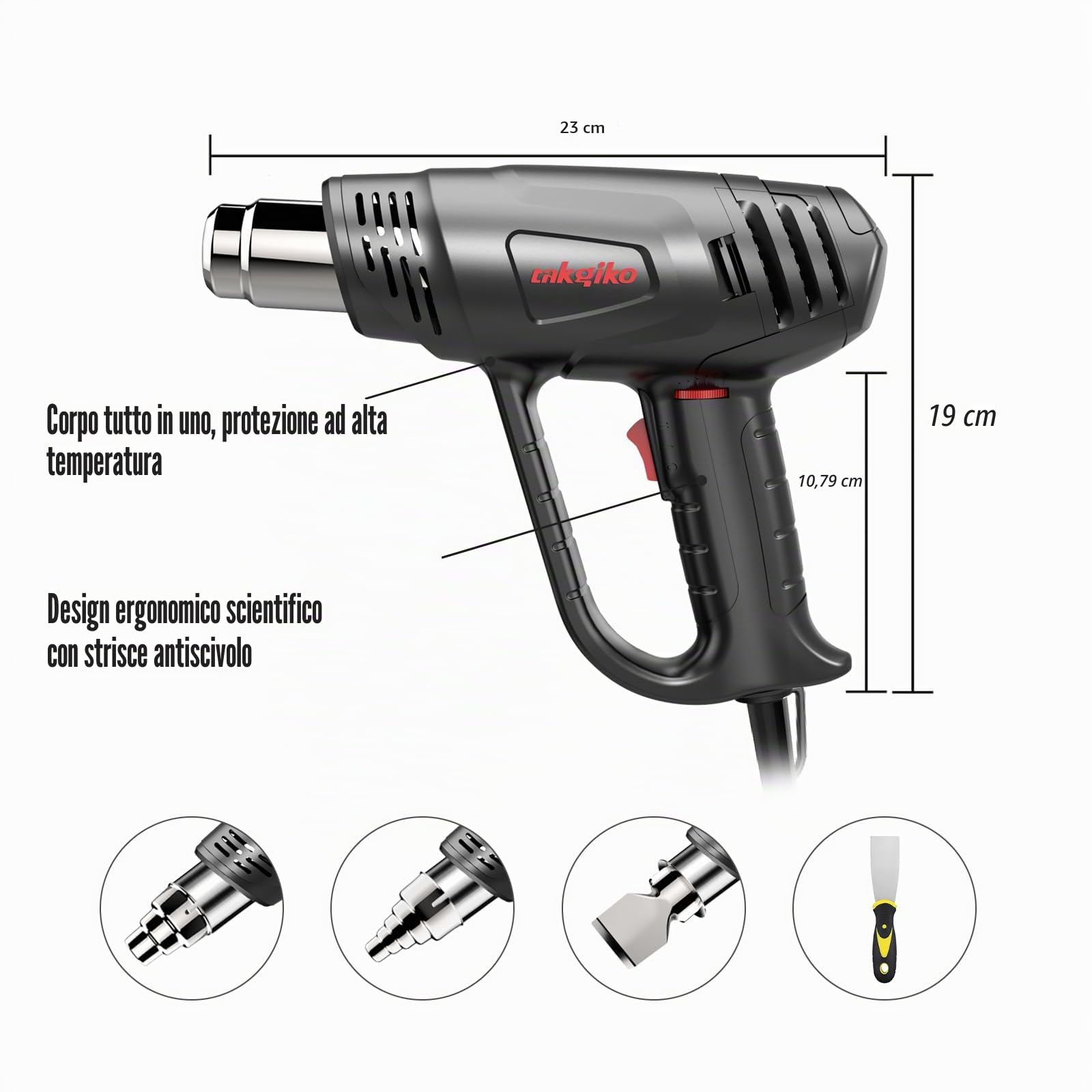 Pistola ad aria calda da 2000 W, 50 ℃ ~ 650 ℃ ad alte prestazioni, con protezione da surriscaldamento, 2 impostazioni del flusso d'aria con 3 ugelli, 1 raschietto per colore, riscaldamento