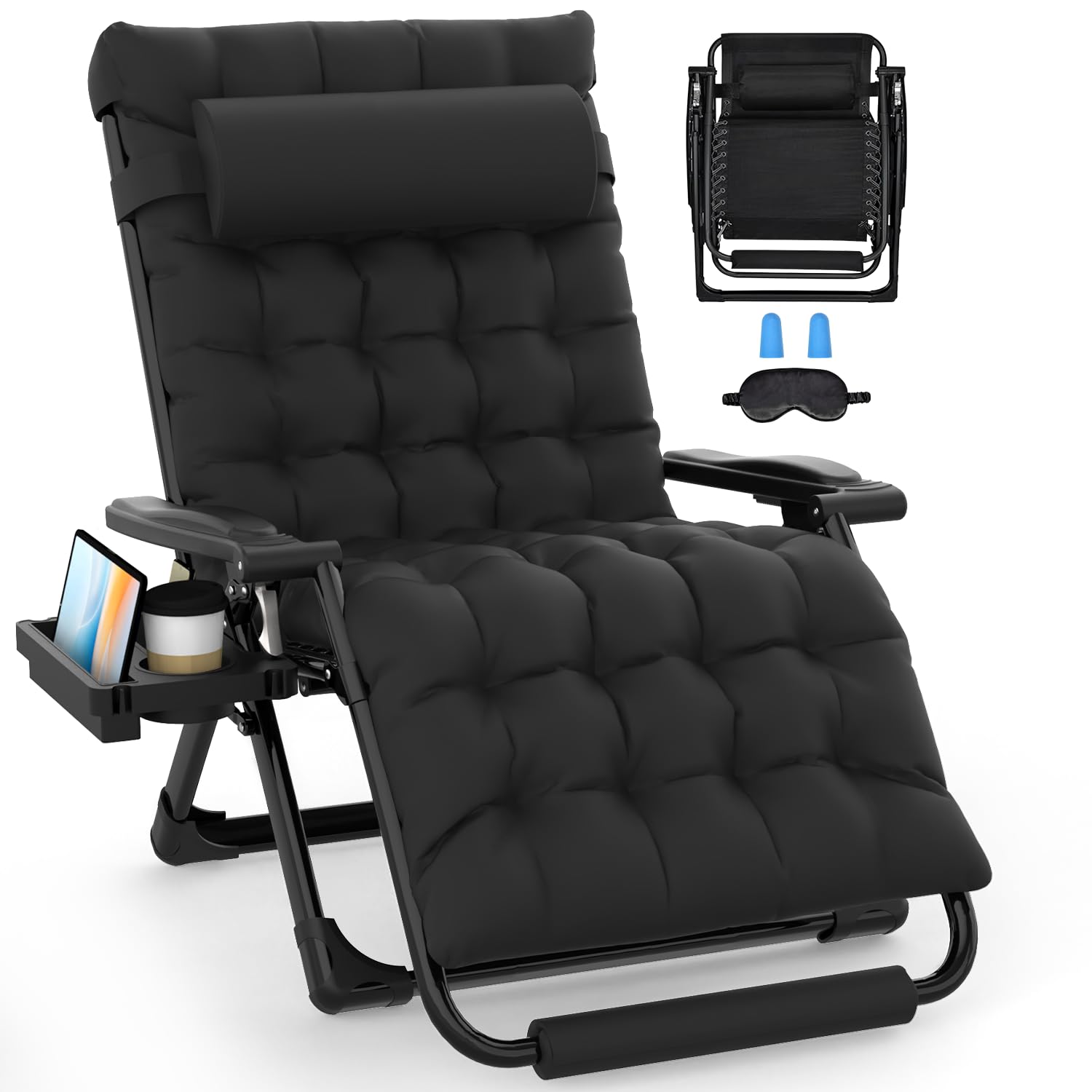 Slendor Oversized Zero Gravity Chairs XXL, 33In Padded Zero Gravity Lounge Chair, Lawn Recliner, Folding Patio Reclining Chair w/Aluminum Alloy Lock, Headrest, Cup Holder, Support 500lbs, Black