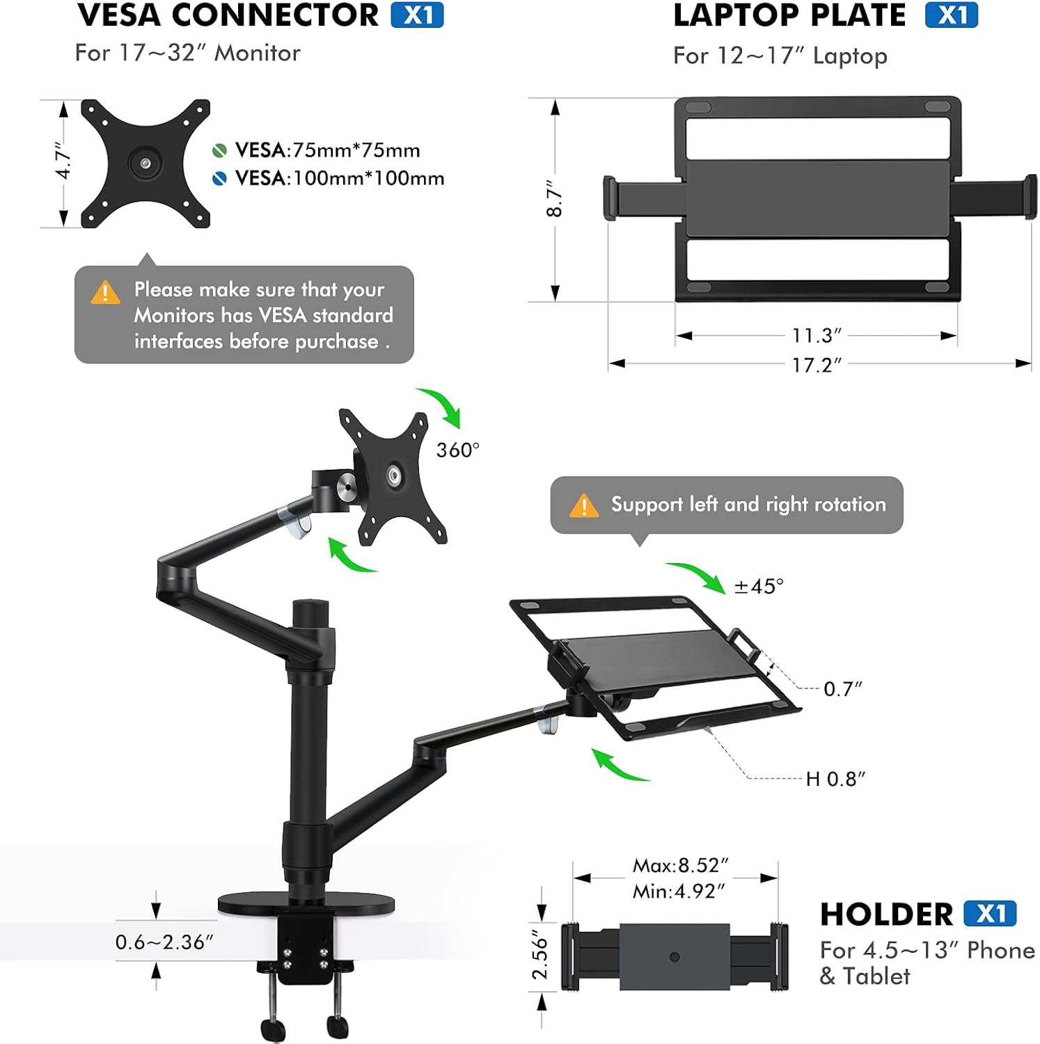 Greatest Product viozon Monitor and Laptop or Tablet Mount, 3-in-1 Adjustable Dual Arm Desk Stands Monitor Arm for 17-32'' Computer Screens, Tablet Arm for Extra 4.5-13'' Tablet&Phone Tray Fits 12-17'' Laptop (OL-3T)