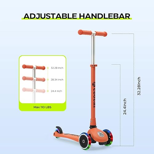 Miniatura 4 de COOGHI Scooter para niños de 3 a 5 a 10 años, 3 ruedas con luces LED, manillar plegable de altura ajustable para niños y niñas