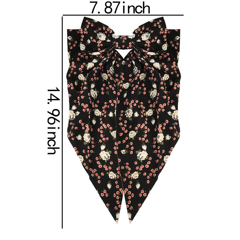 Miniatura 7 de Pinzas de lazo grandes para mujeres y niñas con cinta de cola larga, lazo floral negro, pasadores franceses, pinzas de lazo de satén sedoso para el