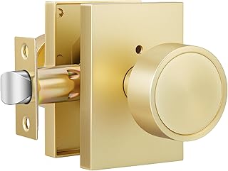 Goldenwarm Gold Interior Door Knob, Zinc-Alloy Privacy Brushed Gold Door Knob Interior, Rectangular Brushed Brass Indoor DoorKnob for Bedroom, Bathroom, 1 Pack