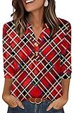OFEEFAN Blouses for Women Dressy Casual 3/4 Button Down Shirts Christmas Tops Vintage Clothing Red Checks L