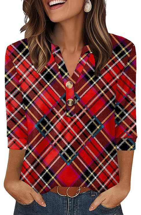 OFEEFAN Blouses for Women Dressy Casual 3/4 Button Down Shirts Christmas Tops Vintage Clothing Red Checks L