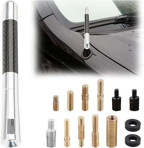 BESULEN Antena corta para automóvil, antena de radio de aluminio de fibra de carbono de 4.7 pulgadas con bandera estadounidense para recepción AMFM,