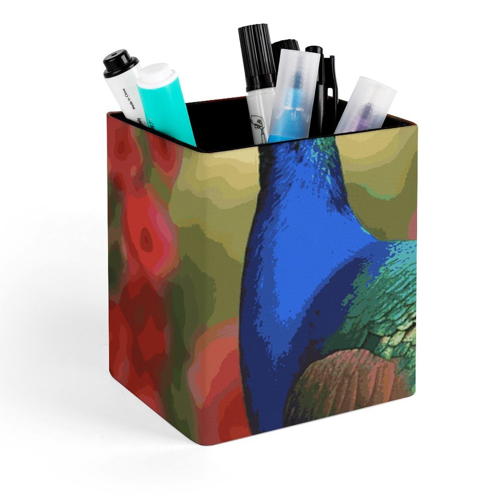 Porte-stylo carré en cuir haut de gamme imprimé paon pot de rangement luxe