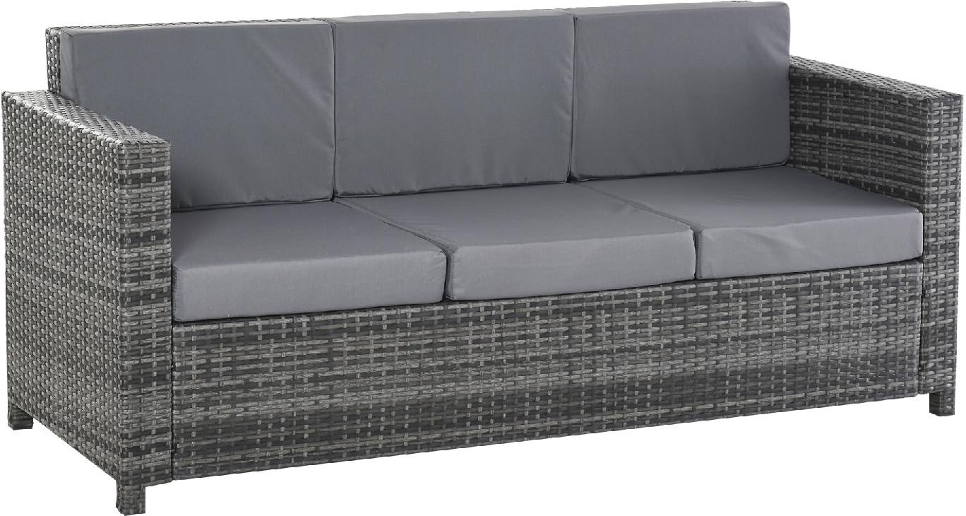 Divano da Giardino Esterno 3 Posti in Rattan PE e Metallo con Cuscini Imbottiti 185x70x80 cm colore Grigio