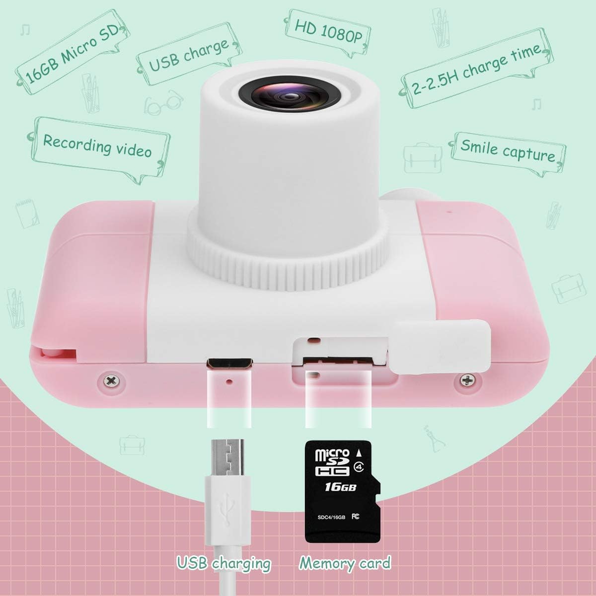 Suреr Chеар 🛒 GZMWON Gift Kids Camera, Digital Video Camera for Children's Cartoon Toy Camera 8.0MP 2 Inch HD Screen, Shockproof Compact Camera for 3-10 Girls Boys 16GB TF Card-Pink Rabbit