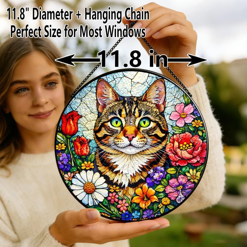 Stained Glass Window Hanging Suncatcher 11.8 in Tabby Cat Floral Colorful Glass Panel Sun Catcher for Window， Window Hanging Decor for Home， Housewarming Gift