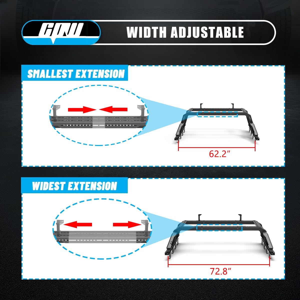 CPW Universal Roll Bar Sport Chase Rack Roll Bar Fit For Tundra/Ford/Dodge Ram/Chevy Silverado/GMC Sierra, Adjustable Modular Overland Bed Rack w/Molle Panel & Off-Road Tools Mounting Kit