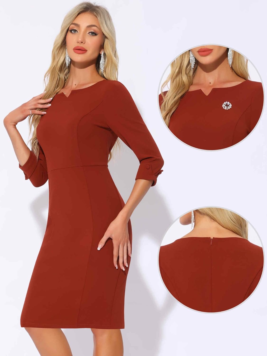 Allegra K Work Dress for Women 3/4 Sleeve Boat Neck Back Slit Business Bodycon Elegant Sheath Dresses - Image 4