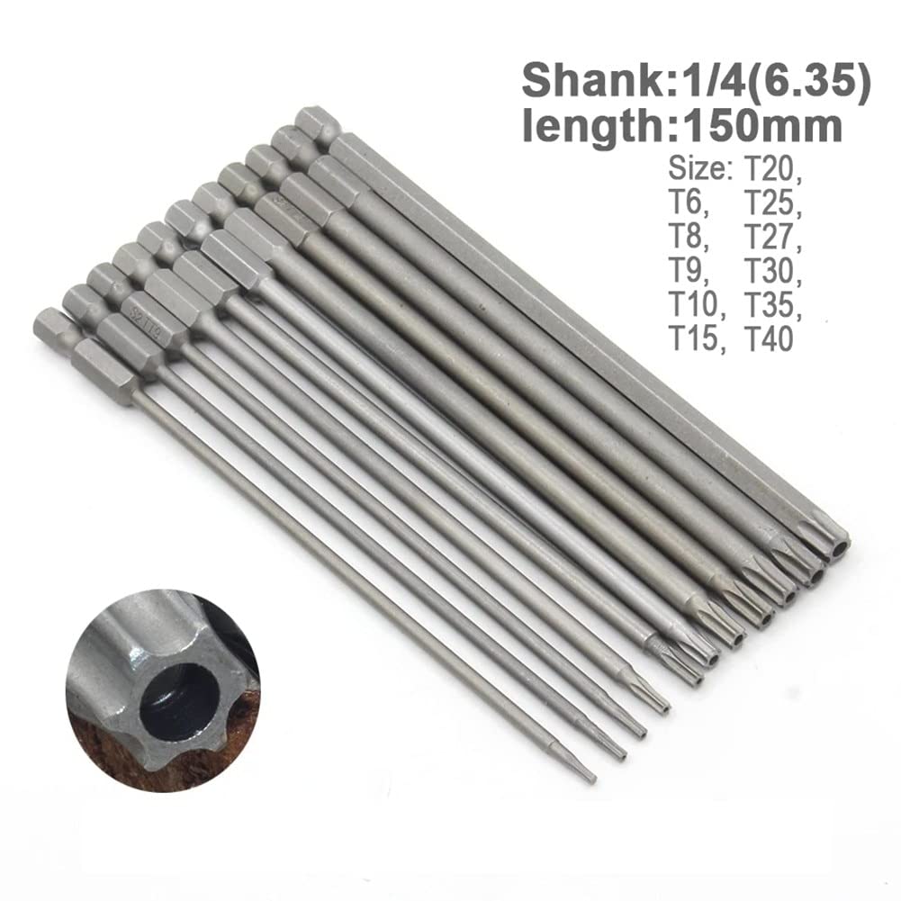 11 sztuk 150mm długi magnetyczny wkrętak torx bity z łbem płaskim sabotaż T6-T40 zestaw wierteł narzędzie ręczne do wkrętarki elektrycznej wiertarki