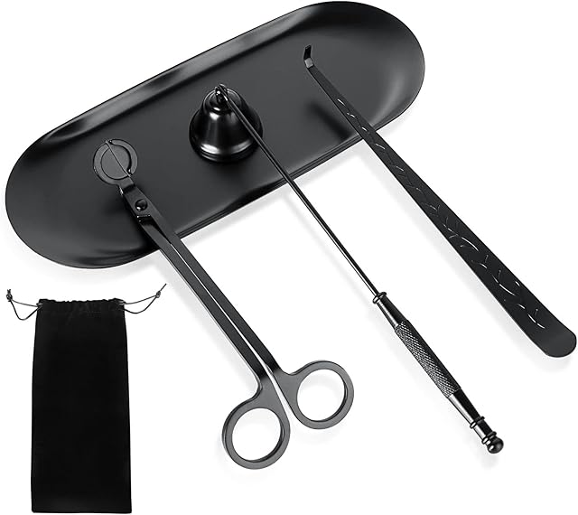 JMIATRY 5 Pcs Black Candle Accessory Set, 5 in 1 Stainless Steel Candle Care Tools Kit Include Wick Dipper, Candle Snuffer, Candle Wick Trimmer, Tray, Flannel Storage Bag for Candle Lovers