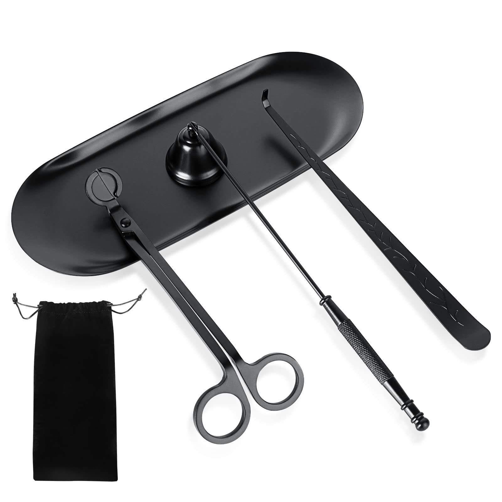 JMIATRY 5 Pcs Black Candle Accessory Set, 5 in 1 Stainless Steel Candle Care Tools Kit Include Wick Dipper, Candle Snuffer, Candle Wick Trimmer, Tray, Flannel Storage Bag for Candle Lovers