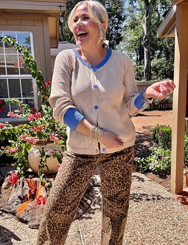 PUWEI Women's Color Block Cardigan Sweaters Button-Up Long Sleeve Cropped Knited Jacket Casual Round Neck Trendy Tops (Apricot-L)3