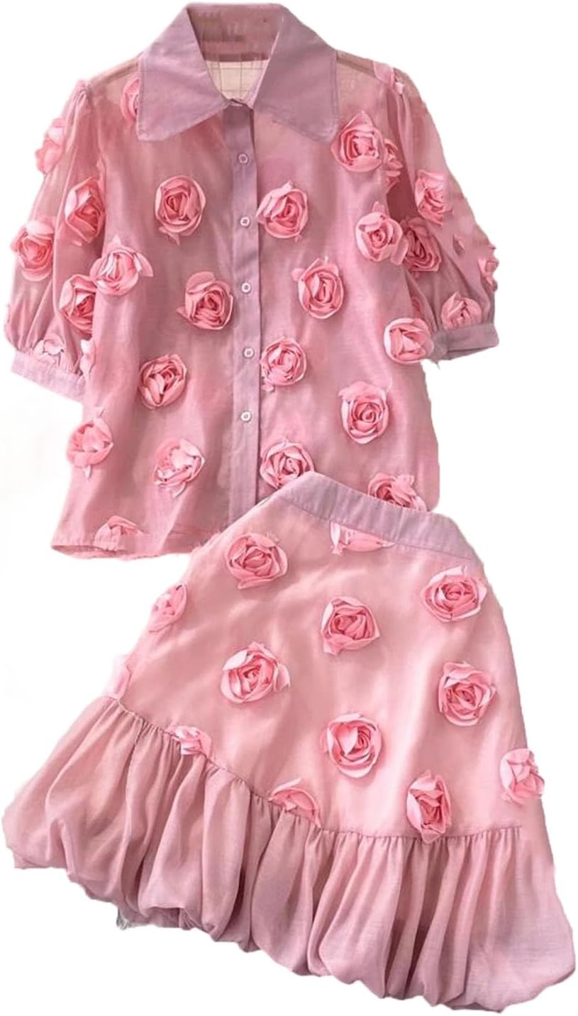 Women's Square Collar Puff Short Sleeve Single Breasted Applique Flower Blouse And Above Knee Ruffle Skirt Set