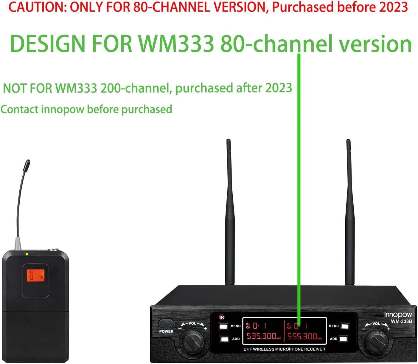 80-Channel BodyPack Transmitter with Lapel & Headset Mic Pre-2023 Model for WM333/WM333B Base Receiver