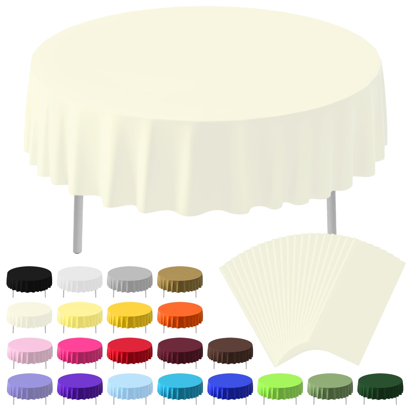 CC-SLZP 20 Pack Disposable Plastic Tablecloth Round, 84 Inch Premium Plastic Table Cover for Parties, Picnic, Camping, Birthday, Weeding (Beige, 84"
