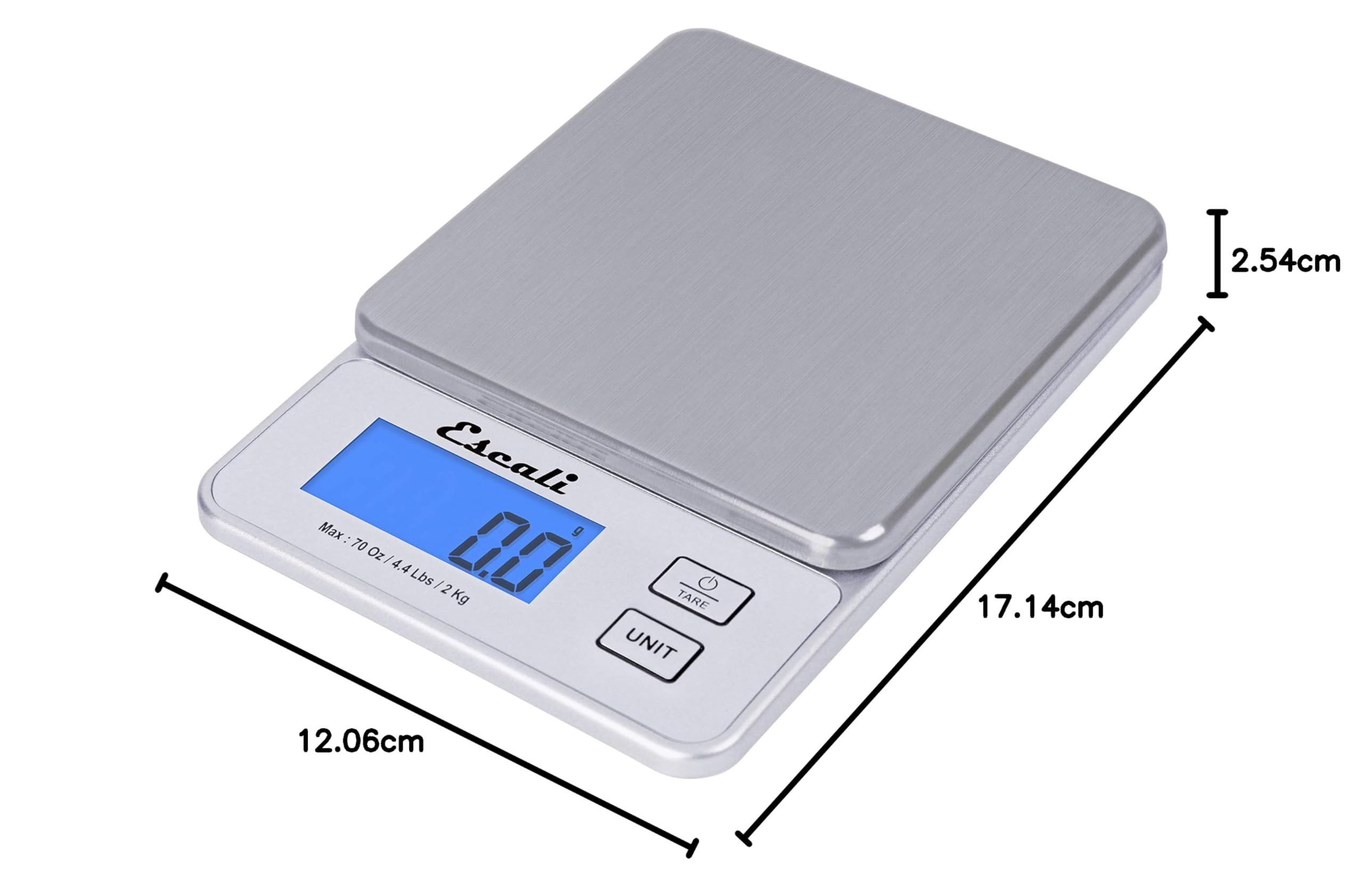 Escali Vera PR2000S Báscula compacta de alta precisión para cocina/panadería/hierbas, mide ingredientes líquidos y secos, pantalla digital LCD, capacidad de 2 kg, plata
