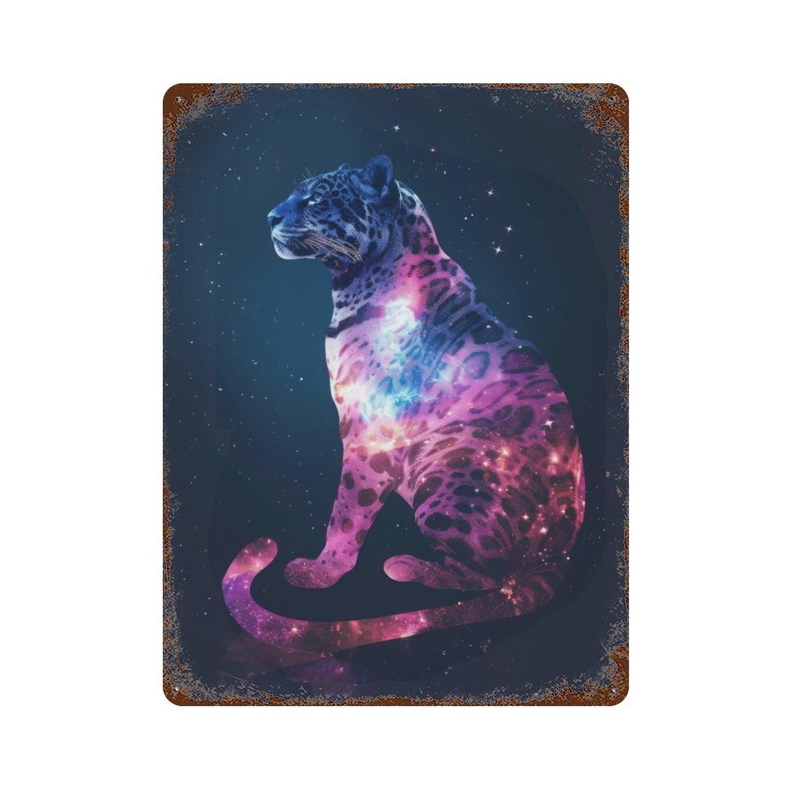 Cheetah Silhouette Galaxy Rust Effect Tin Sign 15.7"x11.8", Novelty Wall Decor for Garage, Pub Or Kitchen