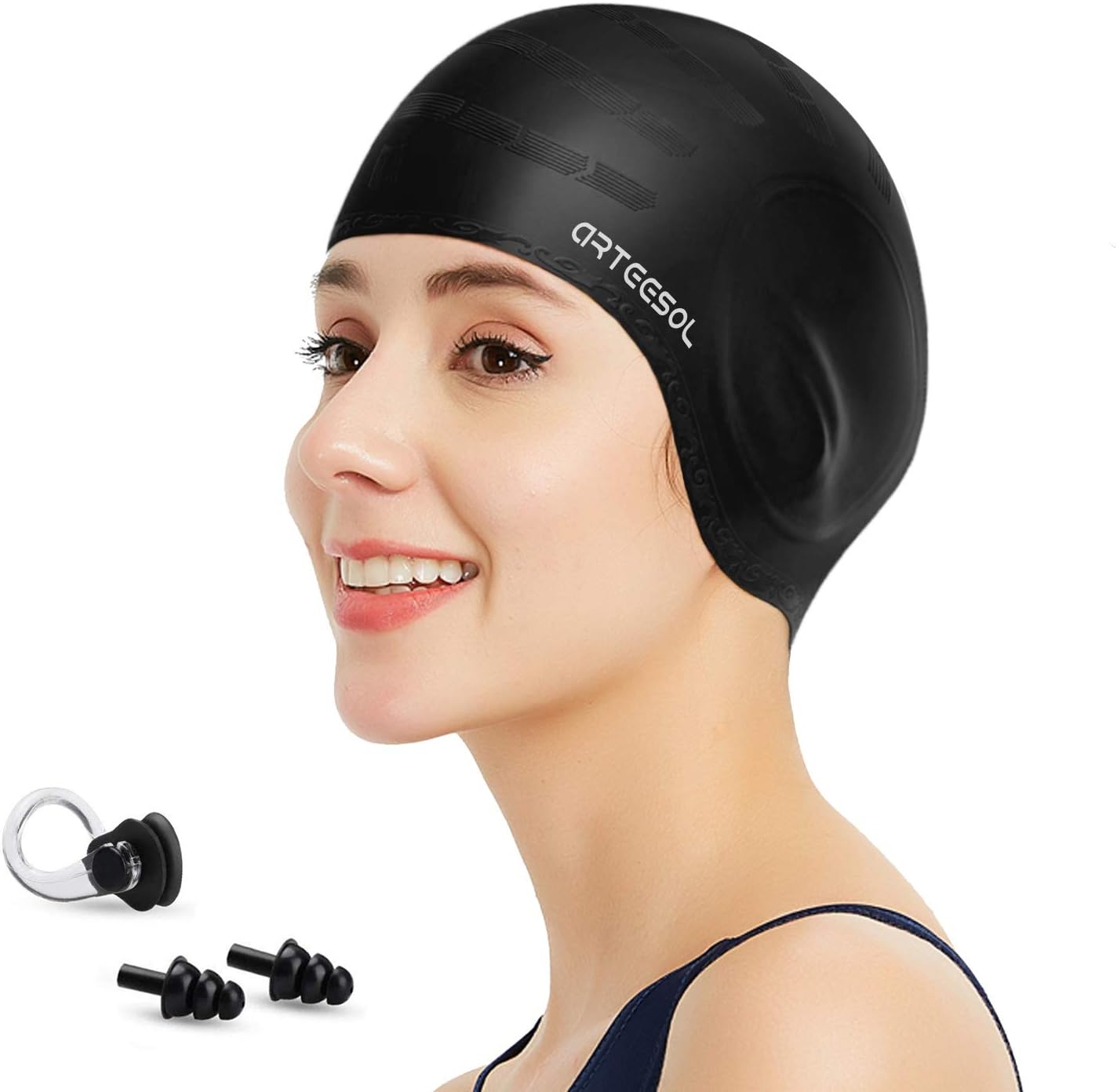 - Silicone 3D Ear Protection Swim Cap - Latex-Free Non-Slip Waterproof for Long Hair/Thin Braids, Chlorine Resistant Tear-Resistant for Competitive Swimming, Comes with Ear Plugs & Nose Clip