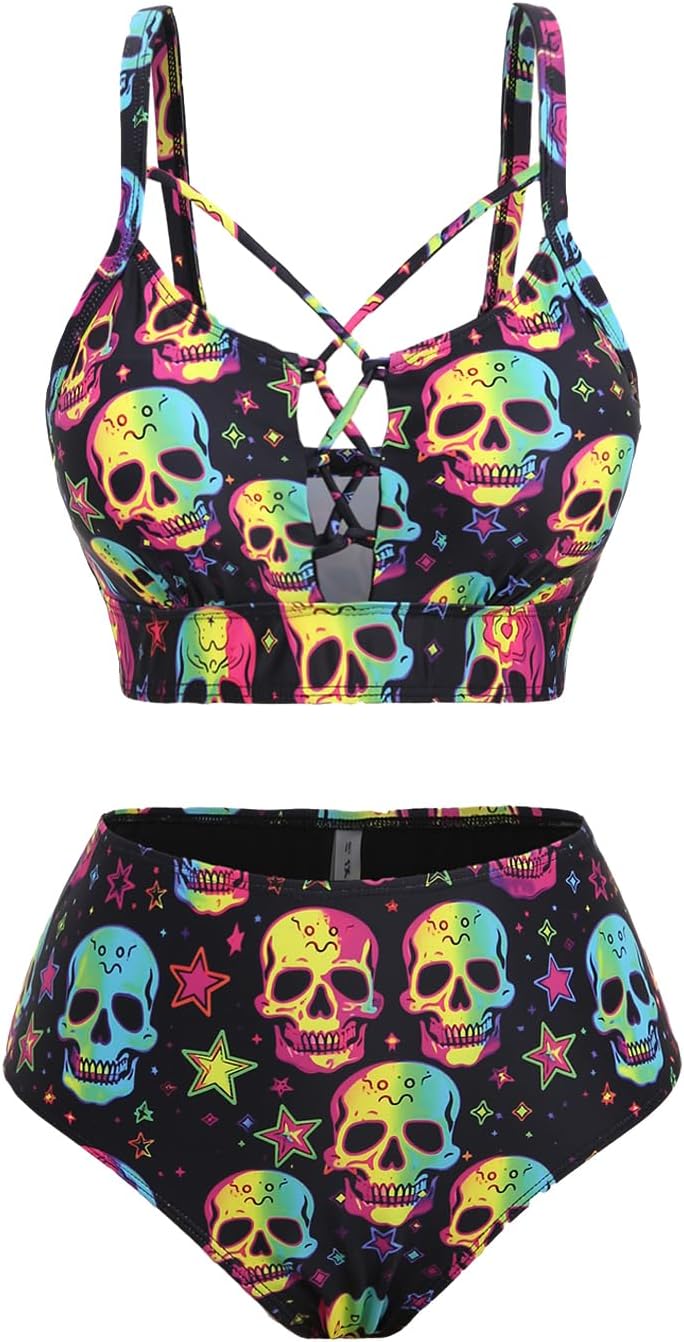 ROSE GAL Women Plus Size Goth Bikini Set Skulls Stars Print Strappy High Waisted Swimsuits