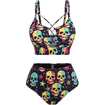 ROSE GAL Women Plus Size Goth Bikini Set Skulls Stars Print Strappy High Waisted Swimsuits