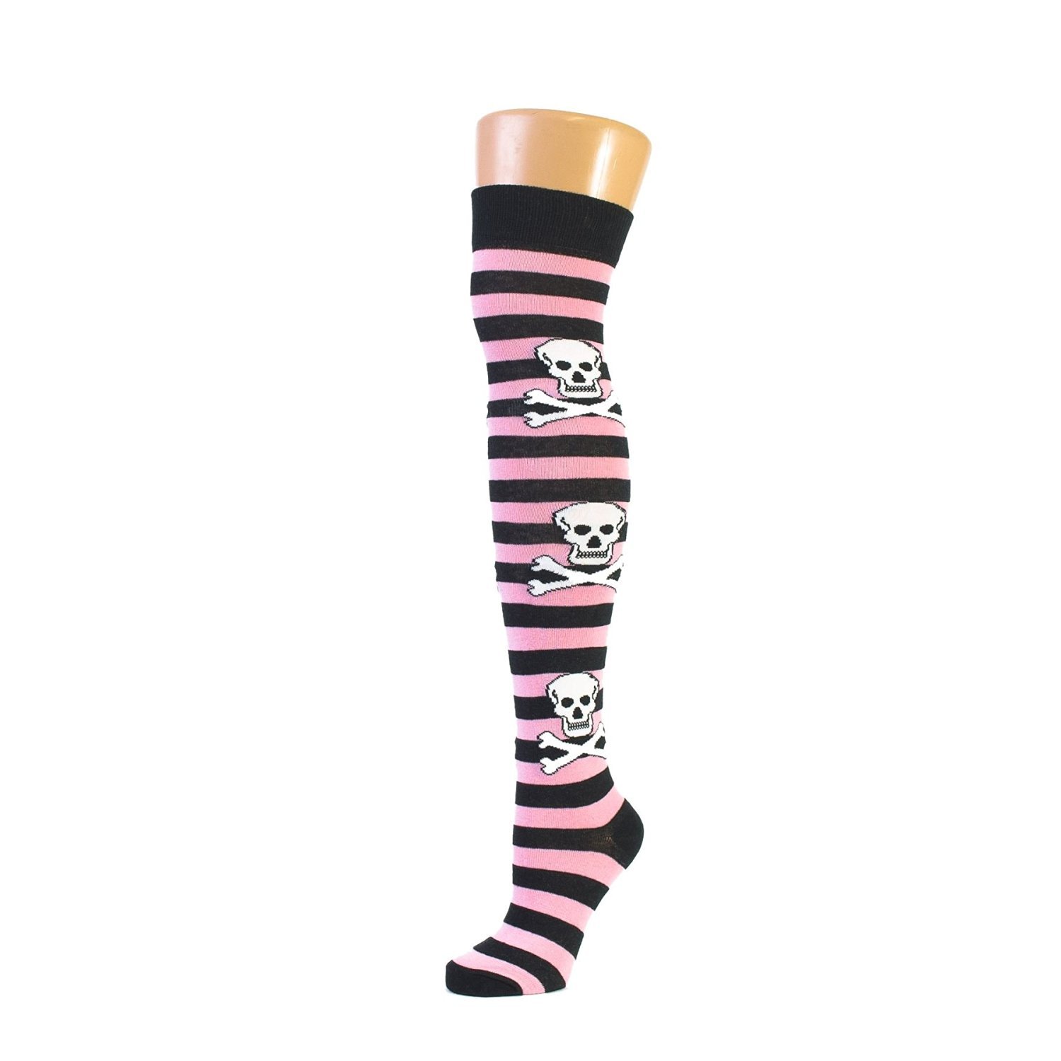 M Macahel Women's Pink Macahel Over The Knee Striped Skull Socks (Pink)