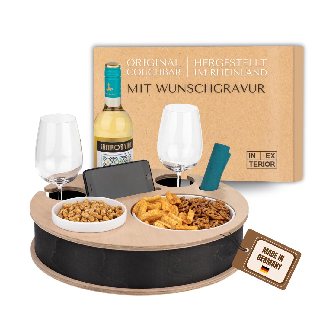 INEXTERIOR – Couchbar RundumBar handgefertigt aus Holz in Schwarz mit Wunschgravur – Runde Snack Box mit Zwei Snackschalen, Handy-, Flaschen- & Getränkehalter - Couchbutler Couchorganizer Tablett
