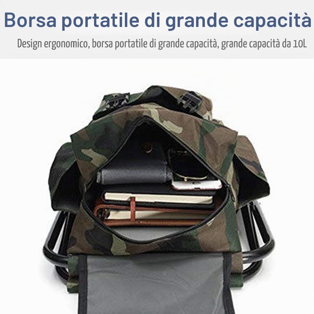 Sgabelli da Campeggio Pieghevoli per Esterni, Sedia da Campeggio Portatile in Tessuto Oxford con Zaino Carico Massimo 100kg per Pesca, Campeggio, Picnic, Barbecue, Mimetico
