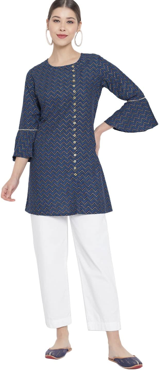 Yash Gallery Women's Rayon Chevron Printed Bell Sleeve Round Neck Mid Thigh Length Straight Fit Short Kurta For Summer - Image 5