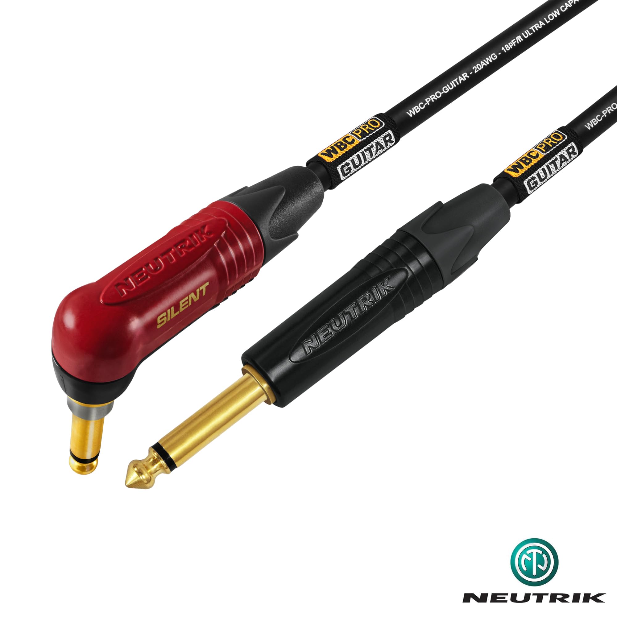 WBC-PRO-Guitarra de 30 pies – 20 AWG – Baja tapa (18pF/ft) – Grado profesional – a base de grafito – Cable de instrumento de guitarra de doble blindaje con Neutrik recto – ángulo (SilentPLUG) ¼