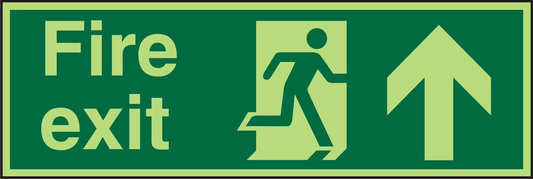 Seco Fire Exit - Fire Exit, Man Running Right, Arrow Pointing Up Sign, 300mm x 100mm - Photoluminescent Self Adhesive Vinyl