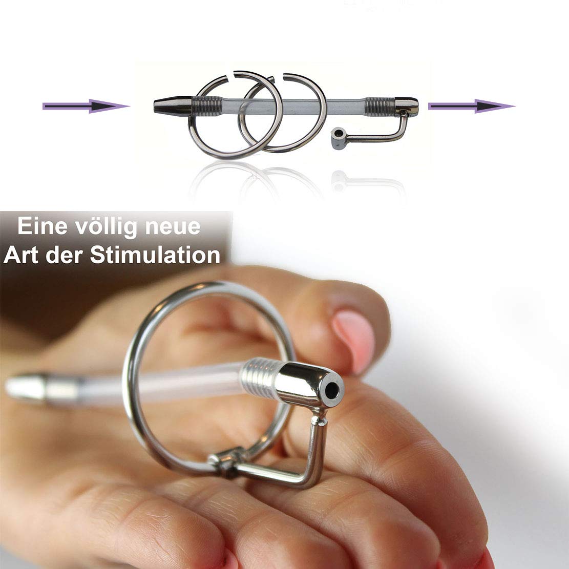 FOPS Dilatatore Uretrale Maschile 12 cm Ø0,6-0,75 cm in Acciaio Inox e Silicone con 2 Anelli Ø2,5-3,1 cm - Sonda Uretrale Plug Pene per Sounding BDSM Principianti e Esperti N16-14
