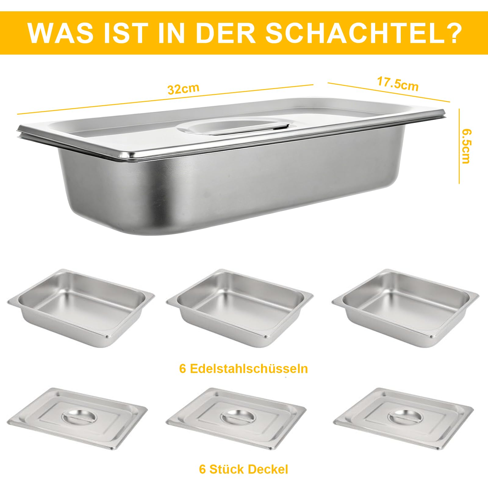 Set di 6 ciotole per panatura con coperchio, GN 1/3, in acciaio inox, 32,5 x 17,5 x 6,5 cm, panierstrasse, rettangolari, in metallo, ideali per cotolette, carne, pesce