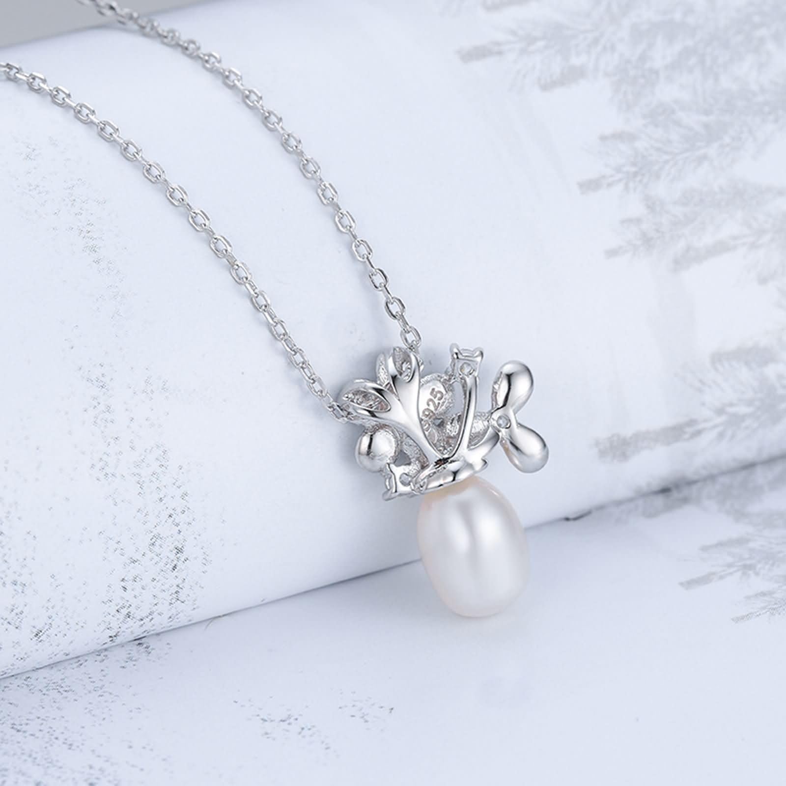 Donna Collana Argento,Catenella per Collana Argento Sterling 925 Donna Fiore e Perla 7x9MM Collana Argento