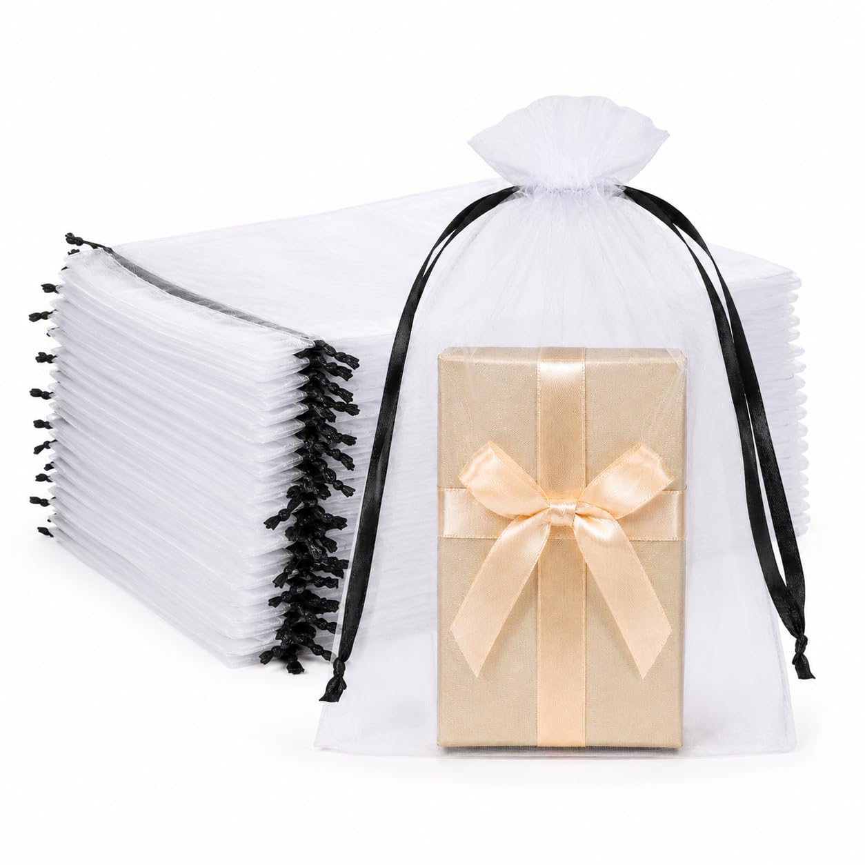 50PCS White Organza Bags with Black Drawstring 6x9 Inches, Sheer Drawstring Gift Bags Mesh Jewelry Pouches for Wedding Party Favors Candy Jewelry Christmas Goodie Bags, Fruit Protection Netting
