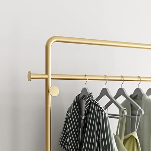 Miniatura 7 de TIEOU Percheros dorados con estante, percheros dorados resistentes para boutiques, perchero de metal independiente para colgar ropa, perchero