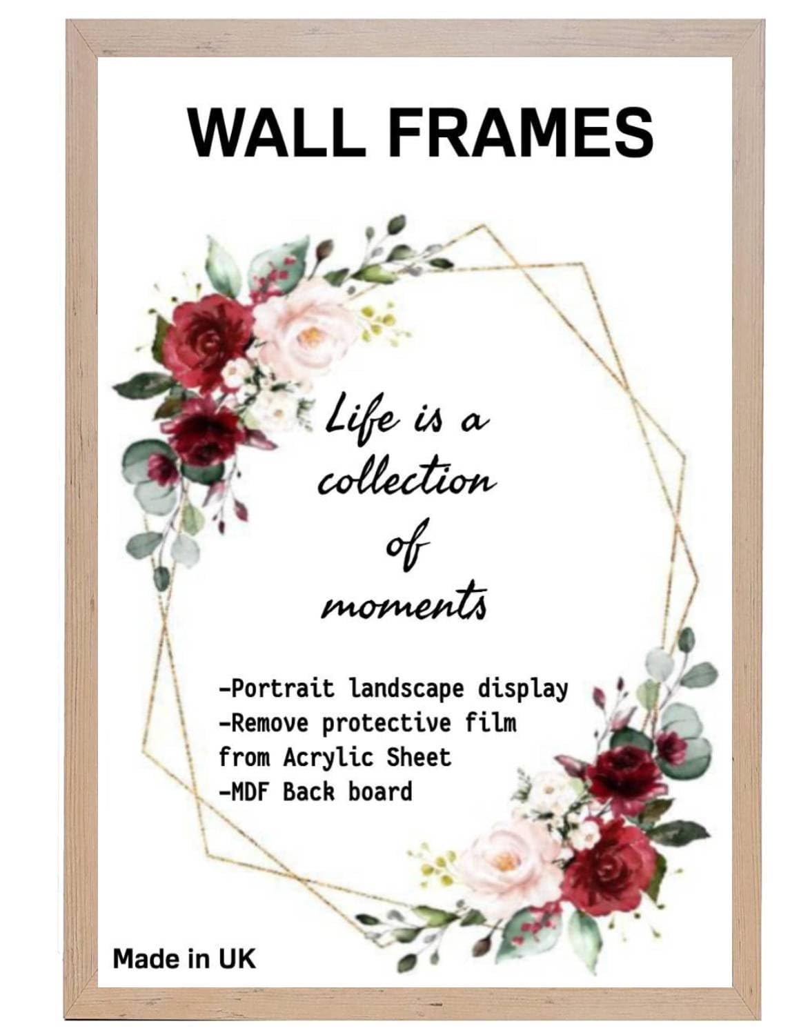 Home Plus Dealz Beech Wall Photo Frame 24 x 16 Inches For Display Poster Print Picture With HD Clear Aclyric Front 30x15mm Moulding Metal Hooks MDF Wood