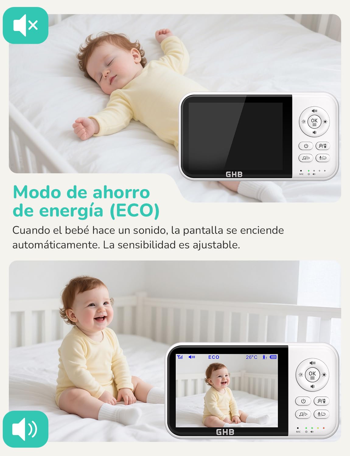 GHB Camara Vigilancia Bebe Vigilabebes con Camara con Pantalla 3.2" HD de 2100mAh Recargable VOX, Visión Nocturna, Despertador, Conversación Bidireccional Escucha Bebes