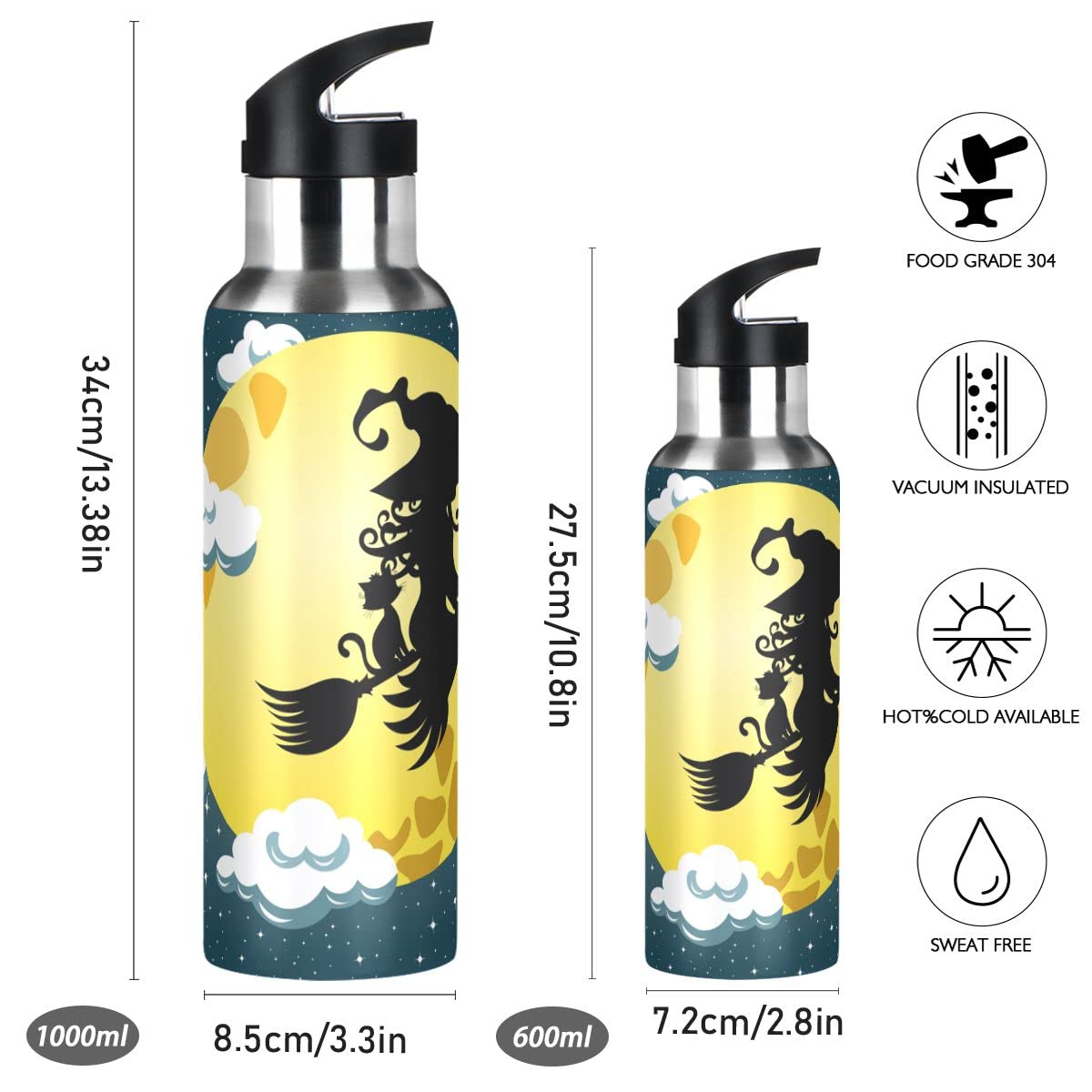 Edelstahl Wasserflasche mit Strohhalm, Halloween Hexe Isolierte Trinkflasche Sport Wasserflasche für Kinder Erwachsene, auslaufsicher, 1L